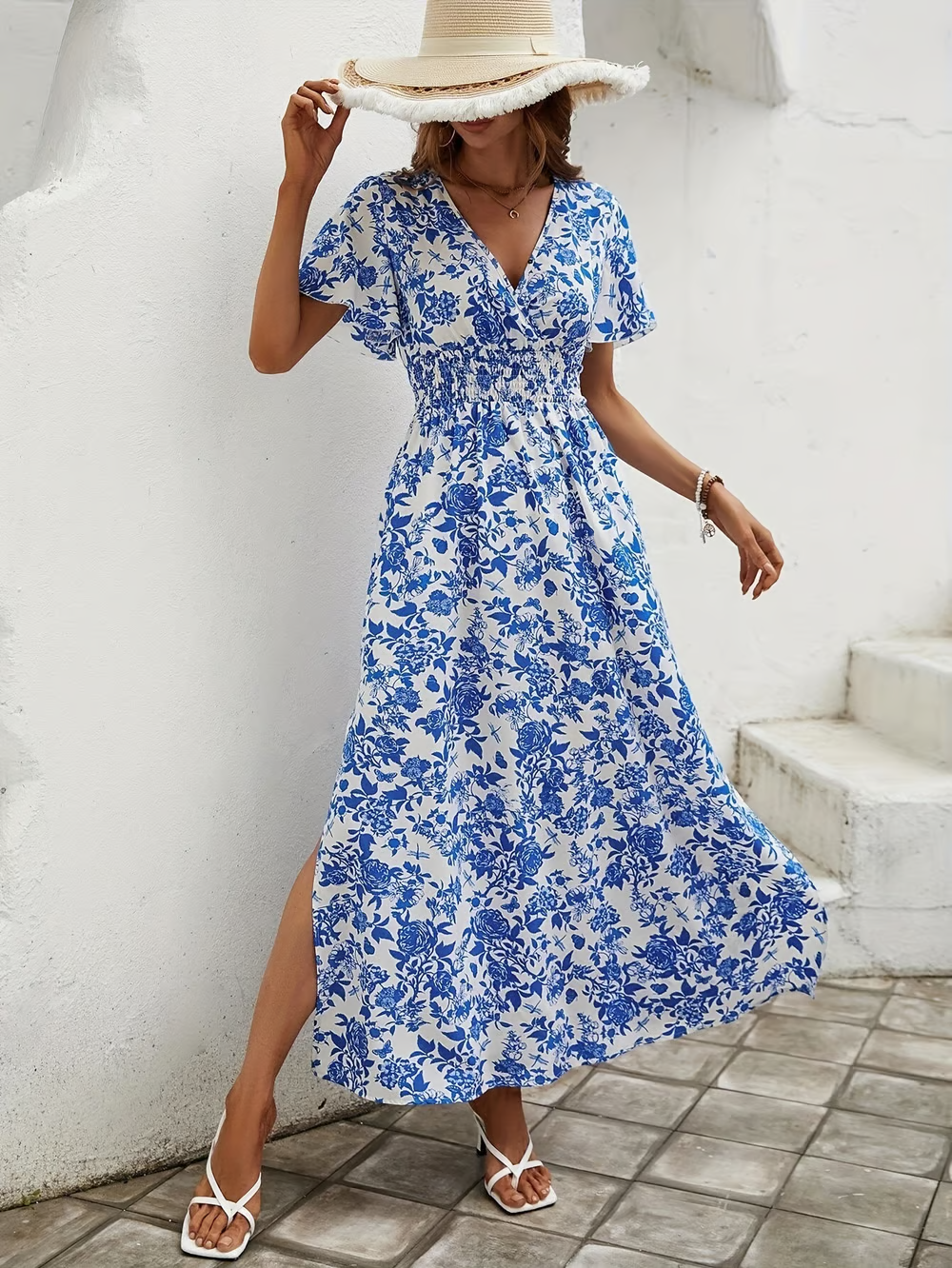 Bea – Blaues Boho-Strandkleid mit V-Ausschnitt