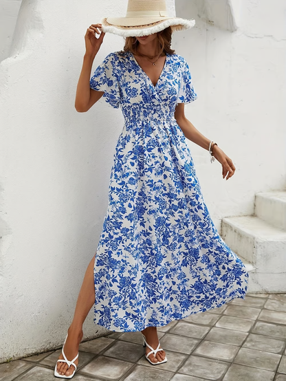 Bea – Blaues Boho-Strandkleid mit V-Ausschnitt