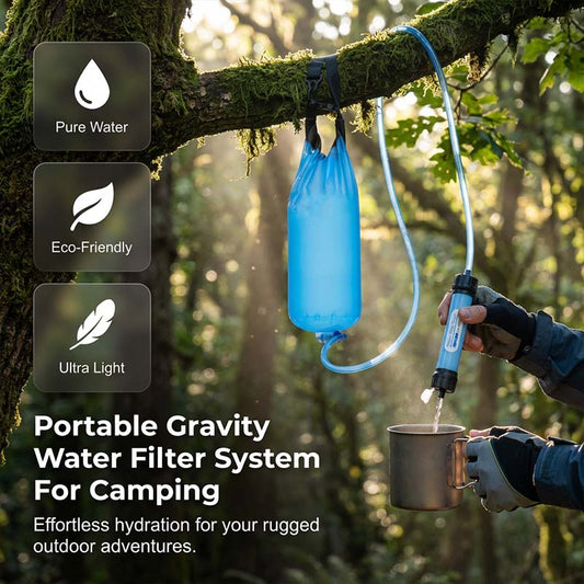 AquaVive™ | Gravity-Wasserfiltersystem – Sauberes Trinkwasser unterwegs, ganz ohne Pumpen