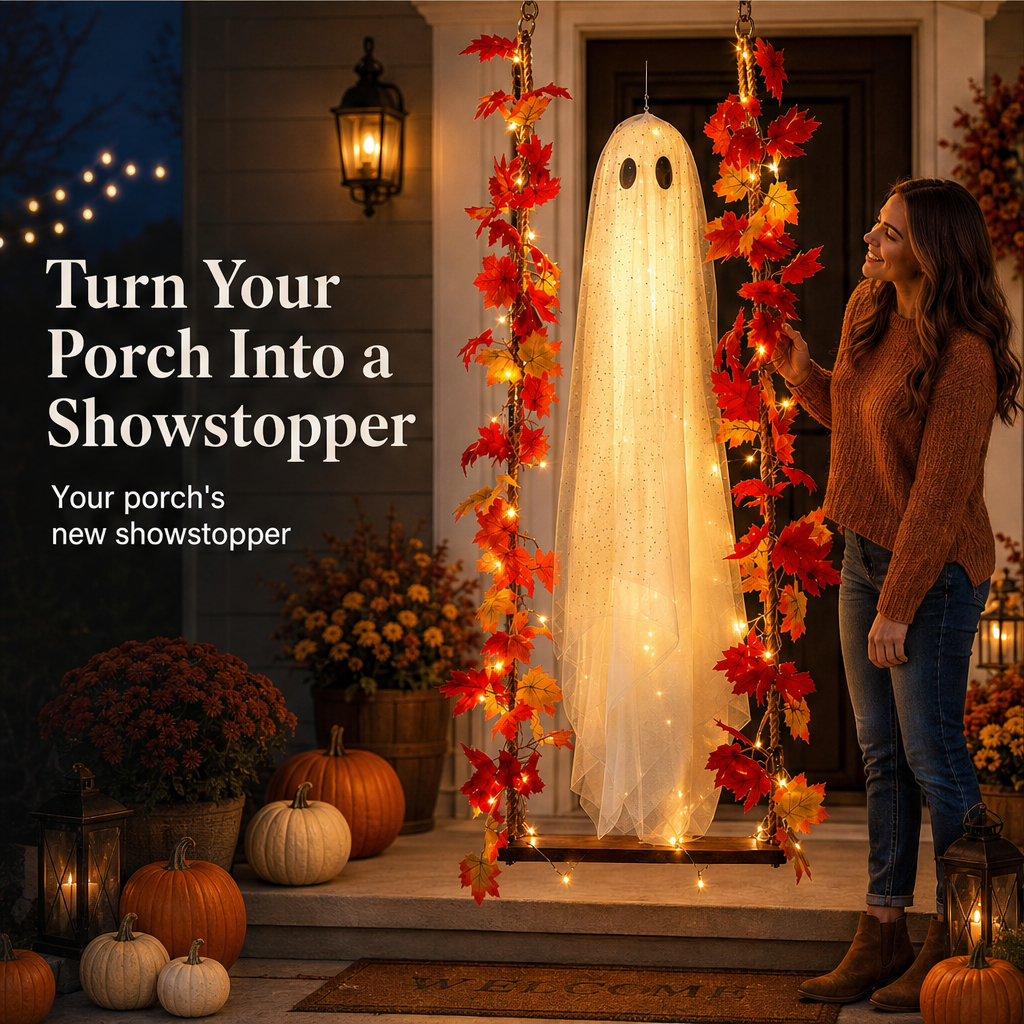 Maplewick – Light-Up Maple Leaf Ghost Swing Halloween Decoration + 50% OFF