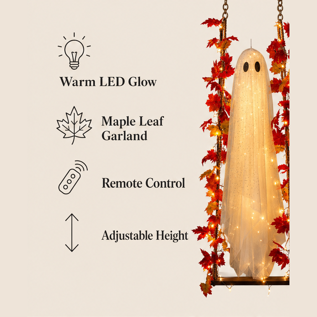 Maplewick – Light-Up Maple Leaf Ghost Swing Halloween Decoration + 50% OFF
