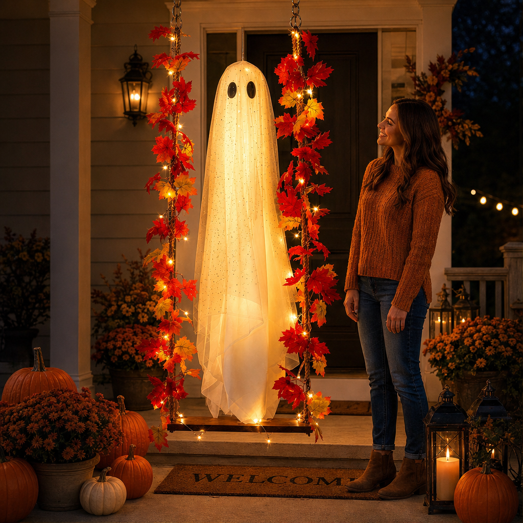Maplewick – Light-Up Maple Leaf Ghost Swing Halloween Decoration + 50% OFF