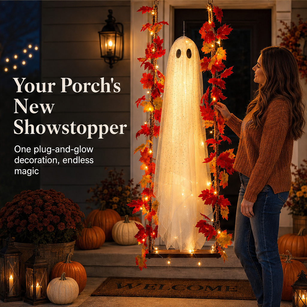 Maplewick – Light-Up Maple Leaf Ghost Swing Halloween Decoration + 50% OFF