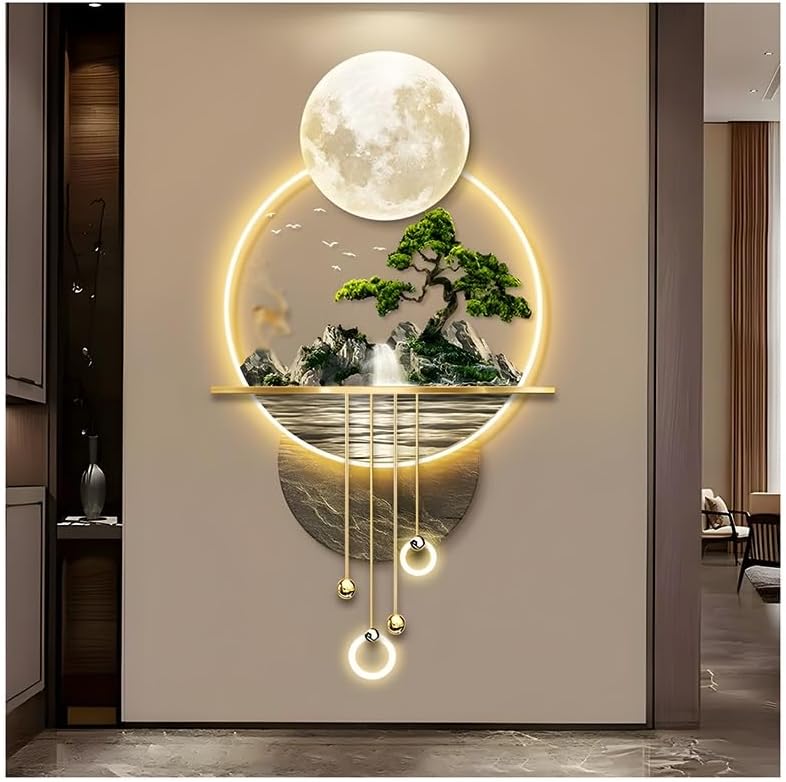 Creative Landscape Wall Hanging Mural with LED Light, Large Metal Wall Art Sculpture Modern Home Decor, Hanging Painting Welcoming Pine Wall Art Decoration Lamp, for Living Room(Gold-A,60x109 cm/23.6x