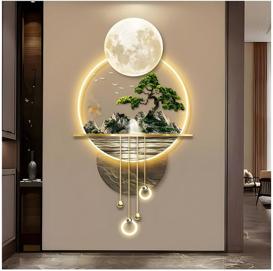 Creative Landscape Wall Hanging Mural with LED Light, Large Metal Wall Art Sculpture Modern Home Decor, Hanging Painting Welcoming Pine Wall Art Decoration Lamp, for Living Room(Gold-A,60x109 cm/23.6x