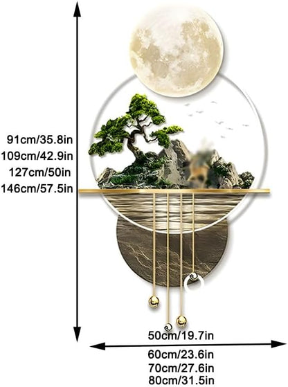 Creative Landscape Wall Hanging Mural with LED Light, Large Metal Wall Art Sculpture Modern Home Decor, Hanging Painting Welcoming Pine Wall Art Decoration Lamp, for Living Room(Gold-A,60x109 cm/23.6x