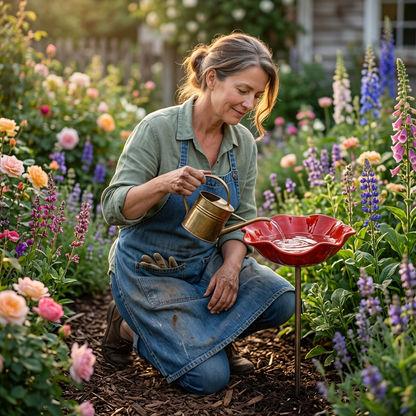 PetalHaven™ – Handgeformte Mohnblumen-Vogeltränke als Gartenstecker