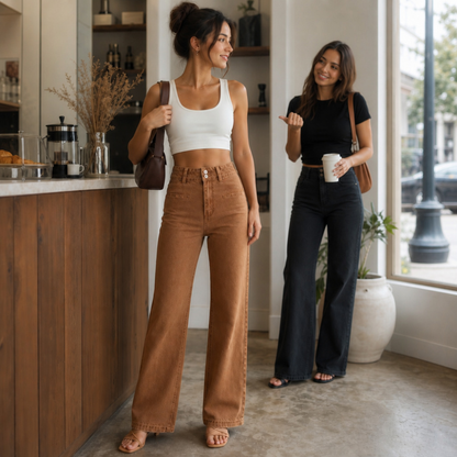 Highline™ – Trendige High-Waist-Wide-Leg-Jeans mit Doppelknopf-Bund