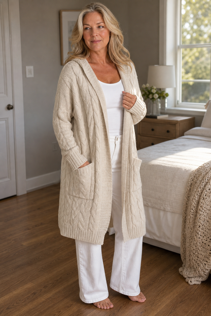 Wearbella™ – Grob gestrickte Zopfstrick-Cardigan mit Kapuze