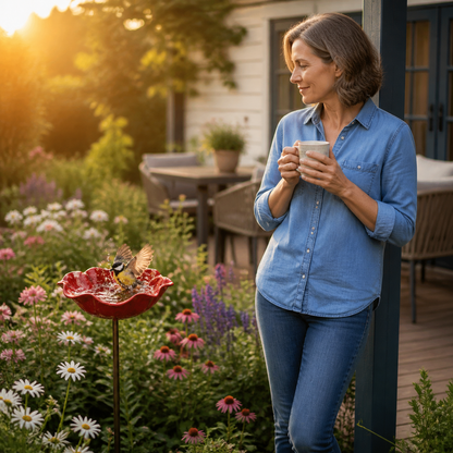 PetalHaven™ – Handgeformte Mohnblumen-Vogeltränke als Gartenstecker