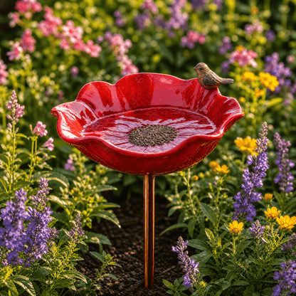 PetalHaven™ – Handgeformte Mohnblumen-Vogeltränke als Gartenstecker
