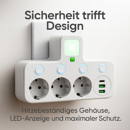 PowerGrid™ | Steckdosenleiste mit 3 Steckdose | Mehrfachsteckdose mit USB & Schalter